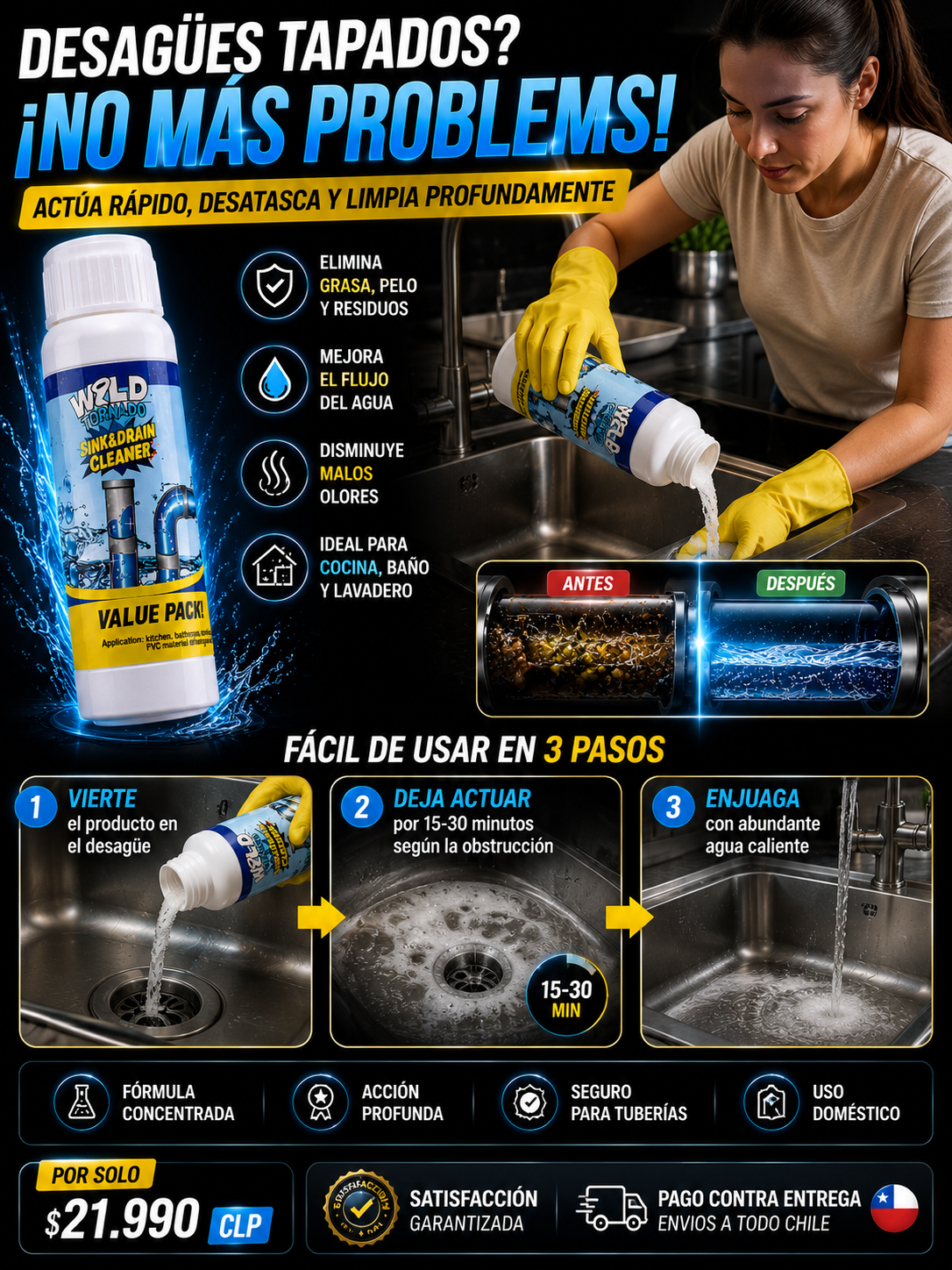 Potente limpiador de desagües